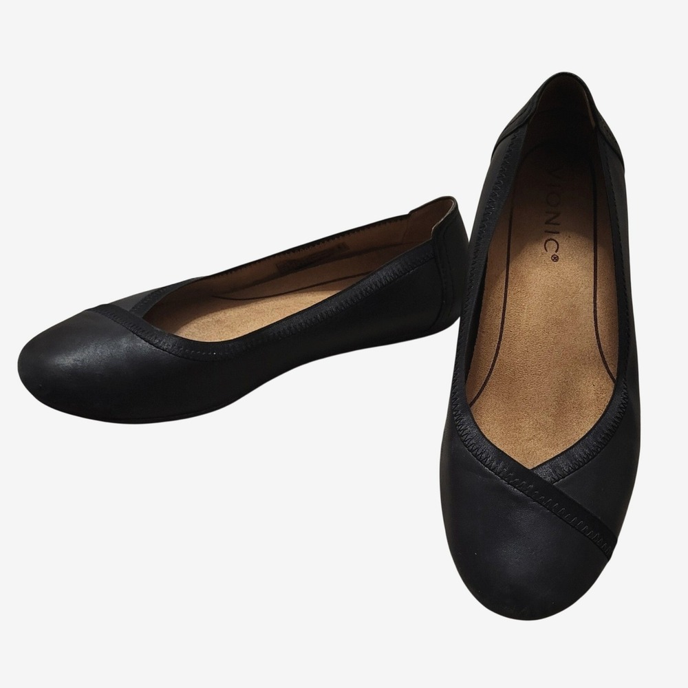 Vionic Black Leather Flats Round Toe Supportive Slip On Shoes Arch Support 7